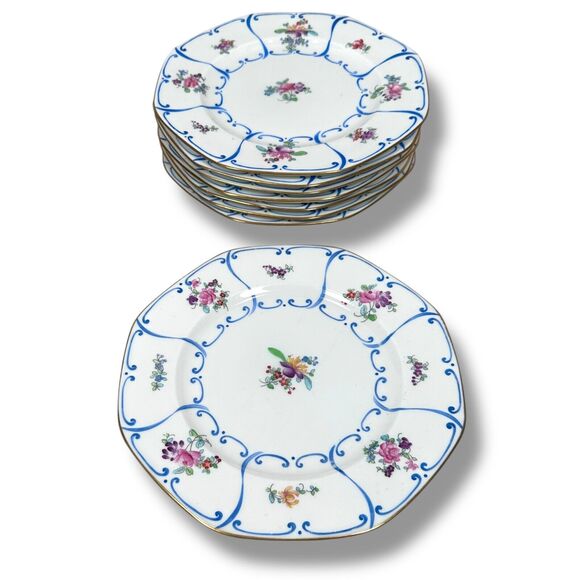 Crescent Other - Vintage George Jones Crescent 23645 Octagon Luncheon Plates White Floral Lot 8